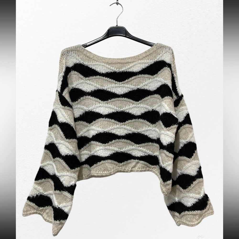 New ShopEvelynne Black, White & Tan Wave Stripe Crewneck Sweater